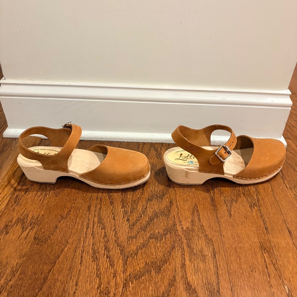 Lotta from Stockholm Swedish Low Wood Clog Sandals Tan Leather Heels Size 40 - Picture 4 of 11